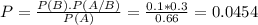 P = \frac{P(B).P(A/B)}{P(A)} = \frac{0.1*0.3}{0.66} = 0.0454