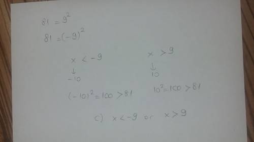 What is the solution to the inequality below?  x2 >  81