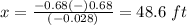 x=\frac{-0.68(-)0.68} {(-0.028)}=48.6\ ft