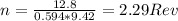 n=\frac{12.8}{0.594*9.42}=2.29Rev