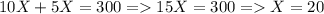 10X+5X=300 = 15X = 300 = X = 20