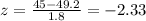 z=\frac{45-49.2}{1.8}=-2.33