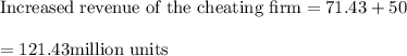 \text{Increased revenue of the cheating firm} =  71.43 + 50 \\\\= 121.43 \text{million units}