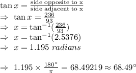 \tan x=\frac{\text{side opposite to x}}{\text{side adjacent to x}}\\\Rightarrow\ \tan x=\frac{236}{93}\\\Rightarrow\ x=\tan^{-1}(\frac{236}{93})\\\Rightarrow\ x=\tan^{-1}(2.5376)\\\Rightarrow\ x=1.195\ radians \\\\\Rightarrow\ 1.195\times\frac{180^{\circ}}{\pi}=68.49219\approx68.49^{\circ}