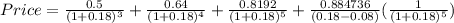 Price=\frac{0.5}{(1+0.18)^{3} } +\frac{0.64}{(1+0.18)^{4} } +\frac{0.8192}{(1+0.18)^{5} } +\frac{0.884736}{(0.18-0.08)} (\frac{1}{(1+0.18)^{5} } )