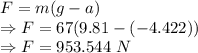 F=m(g-a)\\\Rightarrow F=67(9.81-(-4.422))\\\Rightarrow F=953.544\ N