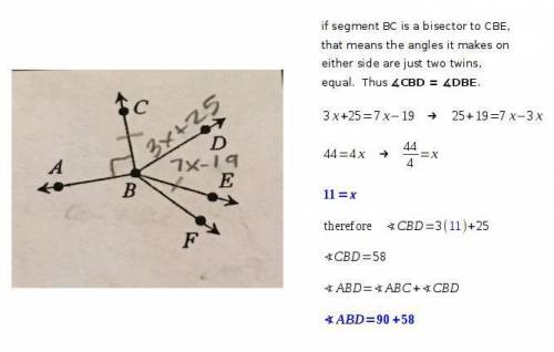 If ray bd bisects angle cbe, ray bc is transparent to ray ba, angle cbd = (3x + 25) degrees, and ang