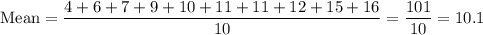 \text{Mean}=\dfrac{4+6+7+9+10+11+11+12+15+16}{10}=\dfrac{101}{10}=10.1