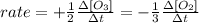 rate = +\frac{1}{2} \frac{\Delta[O_{3}]}{ \Delta t} = -\frac{1}{3} \frac{\Delta[O_{2}]}{ \Delta t}