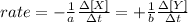 rate= -\frac{1}{a} \frac{\Delta[X]}{ \Delta t} = +\frac{1}{b} \frac{\Delta[Y]}{ \Delta t}