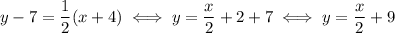 y-7=\dfrac{1}{2}(x+4) \iff y=\dfrac{x}{2}+2+7\iff y=\dfrac{x}{2}+9