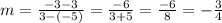 m = \frac {-3-3} {3 - (- 5)} = \frac {-6} {3 + 5} = \frac {-6} {8} = - \frac {3} {4}