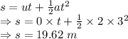 s=ut+\frac{1}{2}at^2\\\Rightarrow s=0\times t+\frac{1}{2}\times 2\times 3^2\\\Rightarrow s=19.62\ m