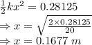 \frac{1}{2}kx^2=0.28125\\\Rightarrow x=\sqrt{\frac{2\times 0.28125}{20}}\\\Rightarrow x=0.1677\ m