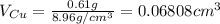 V_{Cu}=\frac{0.61g}{8.96g/cm^3}=0.06808cm^3