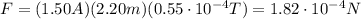 F=(1.50 A)(2.20 m)(0.55 \cdot 10^{-4} T)=1.82\cdot 10^{-4}N