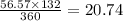 \frac{56.57 \times 132}{360} = 20.74