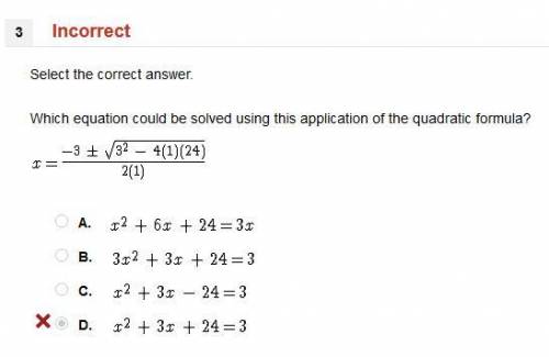 Which equation could be solved using this application of the quadratic formula?