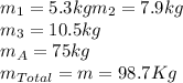 m_1=5.3kgm_2=7.9kg\\m_3=10.5kg\\m_A=75kg\\m_{Total}=m=98.7Kg