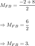 M_{FB}=\dfrac{-2+8}{2}\\\\\\\Rightarrow M_{FB}=\dfrac{6}{2}\\\\\\\Rightarrow M_{FB}=3.