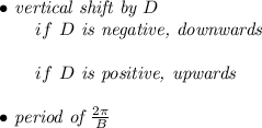 \bf \begin{array}{llll}&#10;&#10;\bullet \textit{ vertical shift by }{{  D}}\\&#10;\qquad if\ {{  D}}\textit{ is negative, downwards}\\\\&#10;\qquad if\ {{  D}}\textit{ is positive, upwards}\\\\&#10;\bullet \textit{ period of }\frac{2\pi }{{{  B}}}&#10;\end{array}