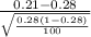 \frac{0.21-0.28}{\sqrt{\frac{0.28(1-0.28)}{100}}}