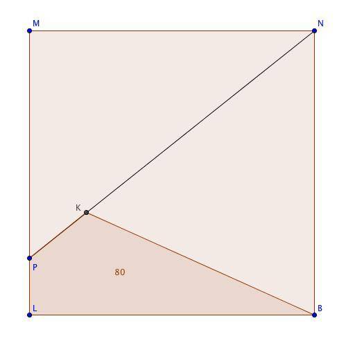 Given:  lmnb is a square, lm = 20cm, p∈ lm , k ∈ pn , pk = 1 5 pn, lp = 4 cm find:  area of lpkb
