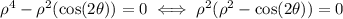 \rho^4-\rho^2(\cos(2\theta))=0 \iff \rho^2(\rho^2-\cos(2\theta))=0