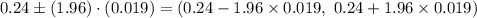 0.24\pm (1.96)\cdot (0.019)=(0.24-1.96\times 0.019,\ 0.24+1.96\times 0.019)