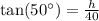 \text{tan}(50^{\circ})=\frac{h}{40}