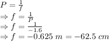 P=\frac{1}{f}\\\Rightarrow f=\frac{1}{P}\\\Rightarrow f=\frac{1}{-1.6}\\\Rightarrow f=-0.625\ m=-62.5\ cm