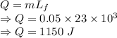 Q=mL_f\\\Rightarrow Q=0.05\times 23\times 10^3\\\Rightarrow Q=1150\ J