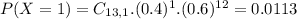 P(X = 1) = C_{13,1}.(0.4)^{1}.(0.6)^{12} = 0.0113