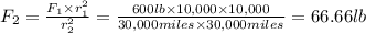 F_2=\frac{F_1\times r^2_1}{r^2_2}=\frac{600 lb\times 10,000\times 10,000}{30,000 miles\times 30,000 miles}=66.66 lb