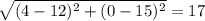 \sqrt{(4 - 12)^{2} + (0 - 15)^{2}} = 17