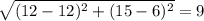 \sqrt{(12 - 12)^{2} + (15 - 6)^{2}} = 9