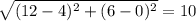\sqrt{(12 - 4)^{2} + (6 - 0)^{2}} = 10