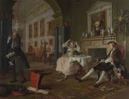 Look at the painting from hogarth's series marriage a la mode. this painting is an attempt to? a.