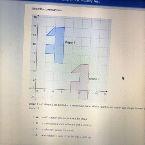 Shape 1 and shape 2 are plotted on a coordinate plane. which rigid transformation can you perform on