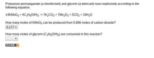 How many moles of glycerin (c3h5(oh)3) are consumed in this reaction? 14kmno4 + 4c3h5(oh)3 es001-1.