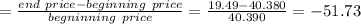 =\frac{end\ price-beginning\ price}{begninning \ price}=\frac{19.49-40.380}{40.390}=-51.73