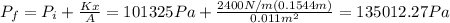 P_f = P_i +\frac{Kx}{A}=101325Pa +\frac{2400N/m (0.1544m)}{0.011m^2}=135012.27 Pa