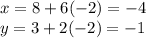 x=8+6(-2)=-4\\y=3+2(-2)=-1