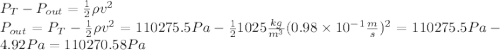 P_T-P_{out}=\frac{1}{2} \rho v^2\\P_{out}=P_T-\frac{1}{2} \rho v^2=110275.5 Pa-\frac{1}{2} 1025\frac{kg}{m^3} (0.98\times 10^{-1} \frac{m}{s})^2=110275.5 Pa-4.92 Pa =110270.58 Pa