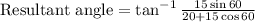 \text {Resultant angle}=\tan ^{-1} \frac{15 \sin 60}{20+15 \cos 60}