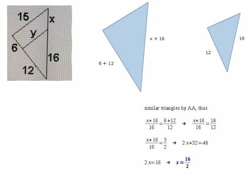 In the figure below, the segment is parallel to one side of the triangle. the ratio of x to 16 is