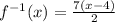 f^{-1}(x)=\frac{7(x-4)}{2}