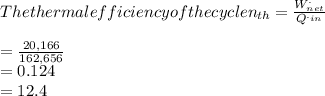 The thermal efficiency of the cycle  n_{th}  =\frac{W^{.} _{net} }{Q^{._{in} } } \\\\= \frac{20,166}{162,656} \\=0.124\\=12.4%