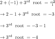 \begin{array}{l}{2+(-1)+3^{\text {rd }} \text { root }=\frac{-3}{1}} \\\\ {\rightarrow 2-1+3^{\text {rd }} \text { root }=-3} \\\\ {\rightarrow 3^{\text {rd }} \text { root }=-3-1} \\\\ {\rightarrow 3^{\text {rd }} \text { root }=-4}\end{array}