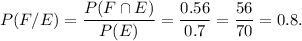P(F/E)=\dfrac{P(F\cap E)}{P(E)}=\dfrac{0.56}{0.7}=\dfrac{56}{70}=0.8.